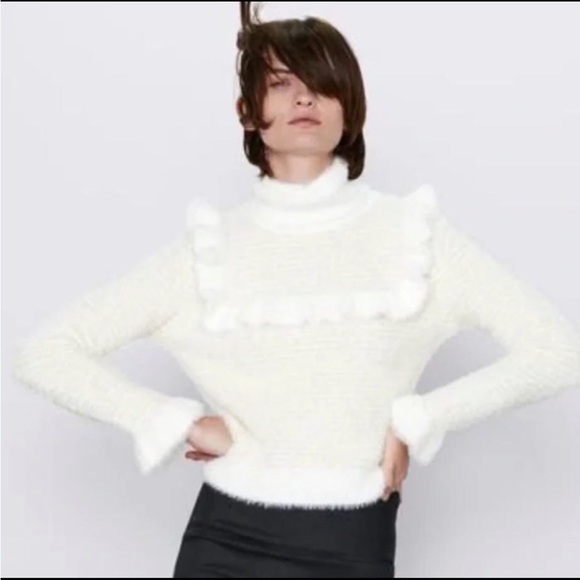 Zara Cream Gold Metallic Fuzzy Ruffled Turtleneck Sweater - Picture 2 of 6